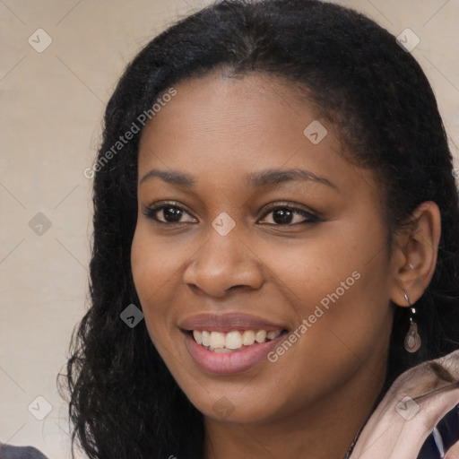 Joyful latino young-adult female with medium  black hair and brown eyes