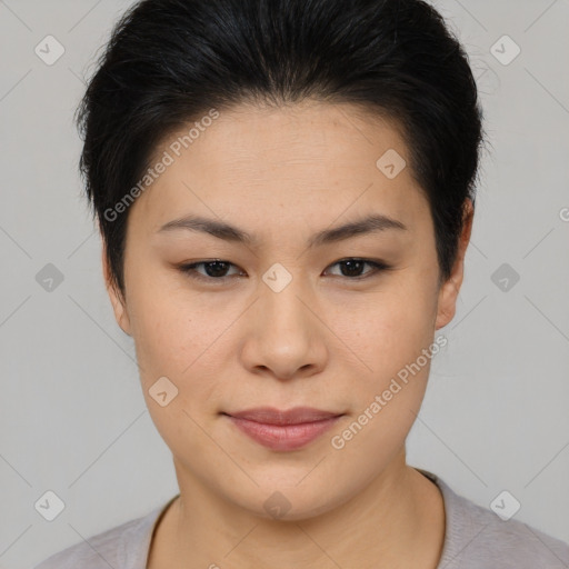 Joyful asian young-adult female with short  brown hair and brown eyes