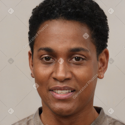 Joyful black young-adult male with short  black hair and brown eyes