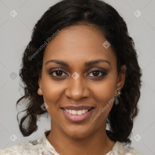 Joyful black young-adult female with medium  brown hair and brown eyes