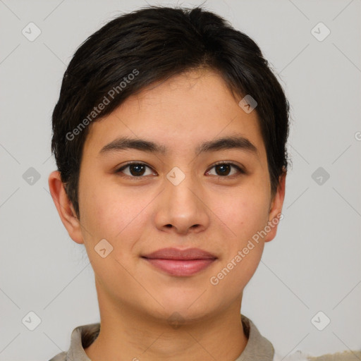 Joyful asian young-adult female with short  brown hair and brown eyes