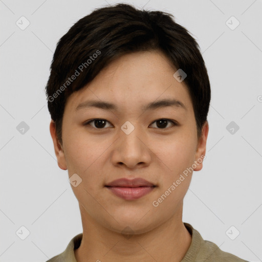 Joyful asian young-adult female with short  brown hair and brown eyes