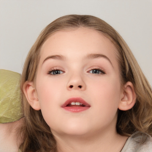 Neutral white child female with medium  brown hair and grey eyes