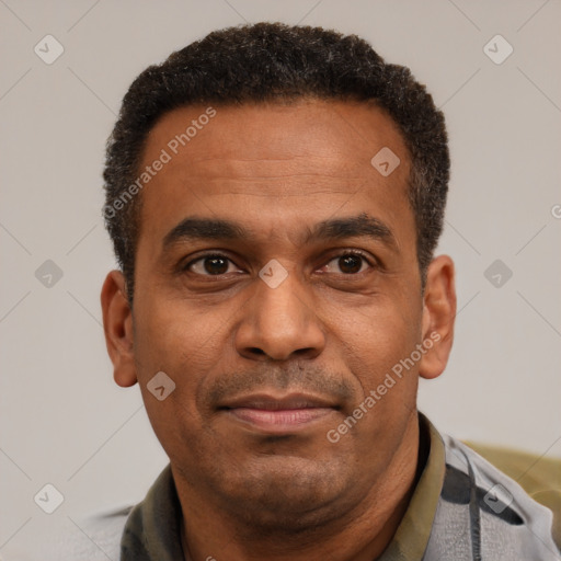 Joyful latino adult male with short  brown hair and brown eyes