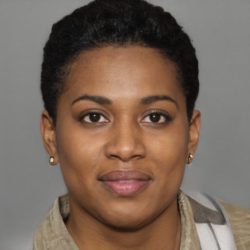 Joyful black young-adult female with short  black hair and brown eyes