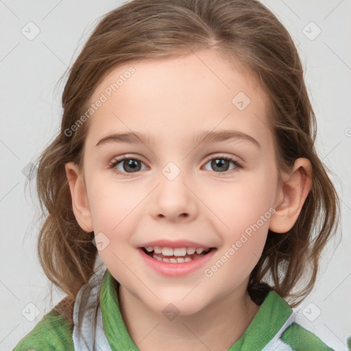 Joyful white child female with medium  brown hair and grey eyes