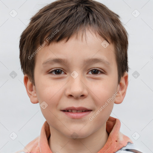 Joyful white child male with short  brown hair and brown eyes