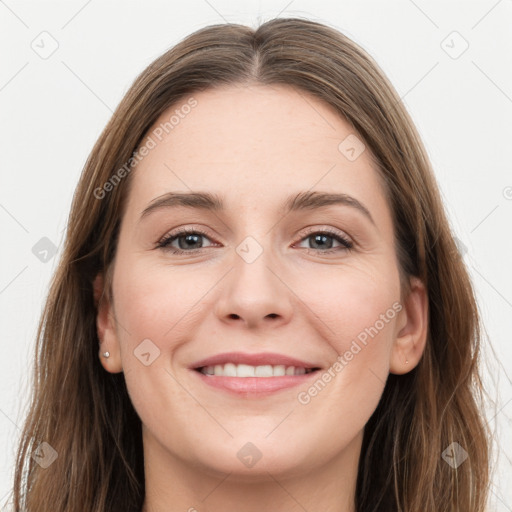 Joyful white young-adult female with long  brown hair and grey eyes