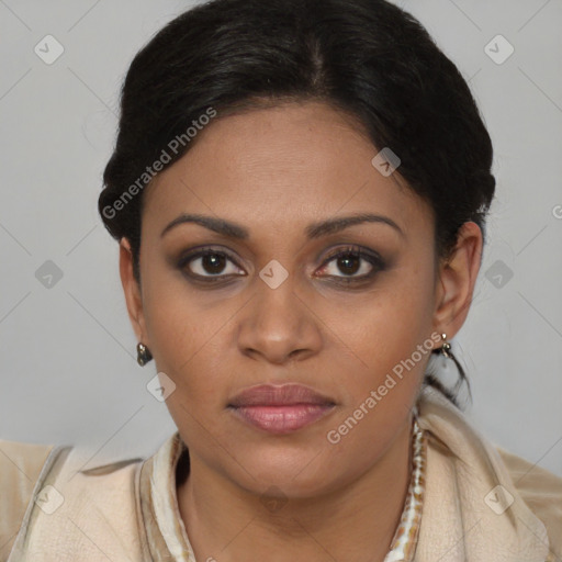 Joyful latino young-adult female with short  brown hair and brown eyes