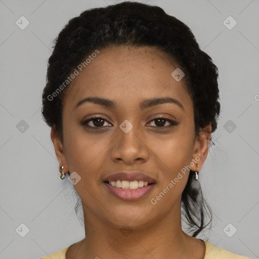 Joyful latino young-adult female with short  black hair and brown eyes