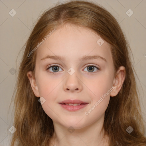 Joyful white child female with medium  brown hair and brown eyes