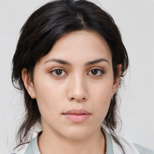 Neutral asian young-adult female with medium  brown hair and brown eyes