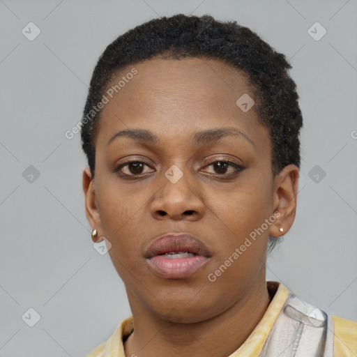 Neutral black young-adult female with short  brown hair and brown eyes