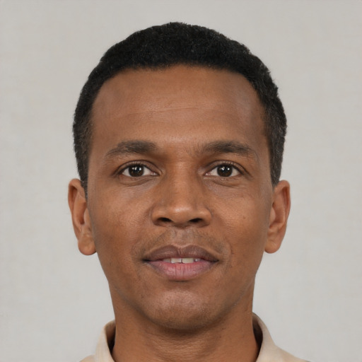 Neutral black young-adult male with short  black hair and brown eyes
