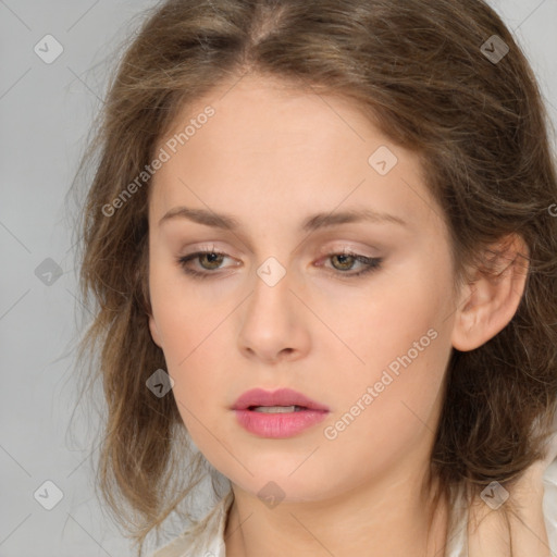 Neutral white young-adult female with medium  brown hair and brown eyes