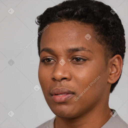 Neutral black young-adult female with short  black hair and brown eyes
