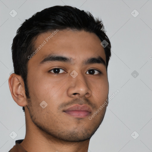 Neutral latino young-adult male with short  brown hair and brown eyes