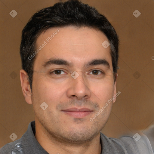 Joyful white adult male with short  brown hair and brown eyes