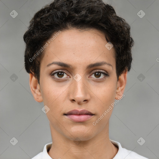 Neutral white young-adult female with short  brown hair and brown eyes