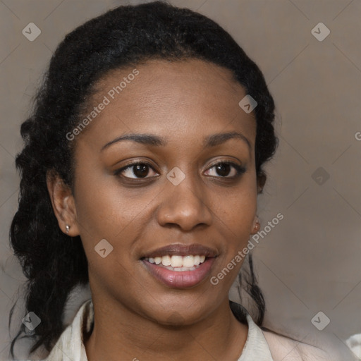 Joyful black young-adult female with medium  brown hair and brown eyes