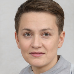 Joyful white adult female with short  brown hair and grey eyes