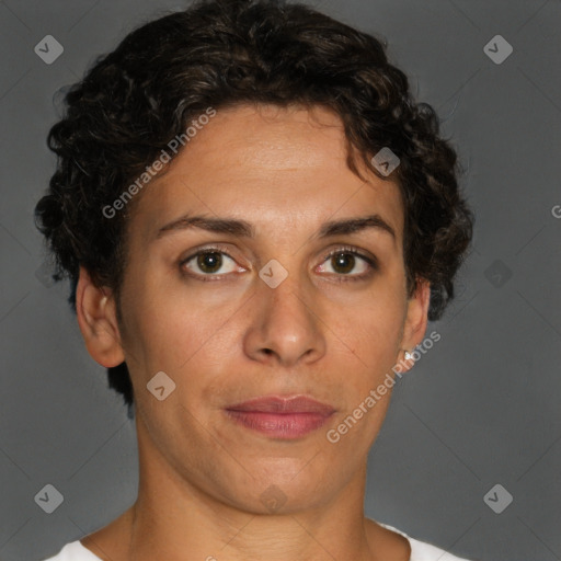 Neutral white adult female with short  brown hair and brown eyes