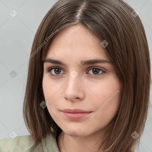 Neutral white young-adult female with medium  brown hair and brown eyes