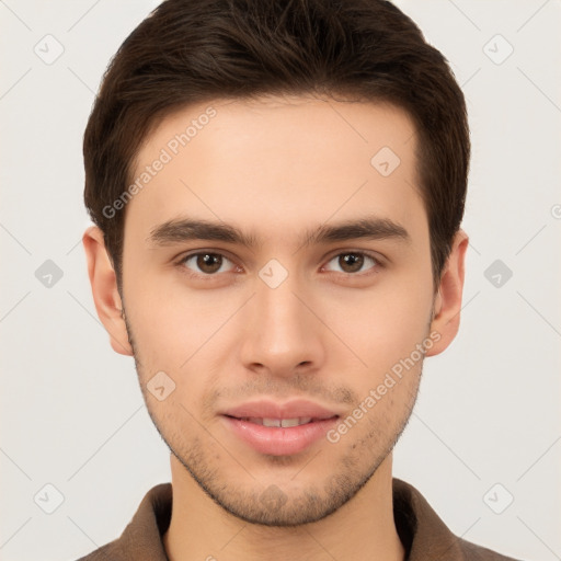 Neutral white young-adult male with short  brown hair and brown eyes