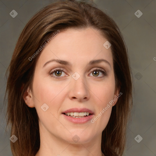 Joyful white young-adult female with medium  brown hair and green eyes