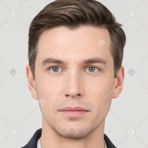 Neutral white young-adult male with short  brown hair and brown eyes