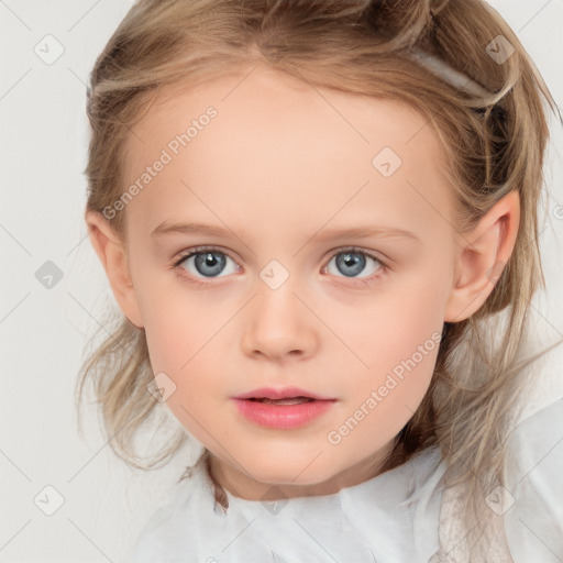 Neutral white child female with medium  brown hair and blue eyes