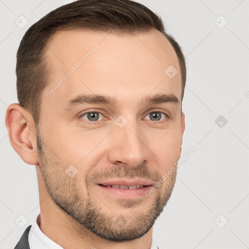 Joyful white young-adult male with short  brown hair and brown eyes