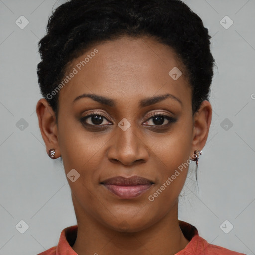 Joyful black young-adult female with short  brown hair and brown eyes