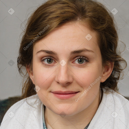 Joyful white young-adult female with medium  brown hair and blue eyes