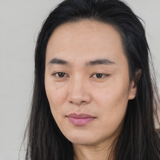 Neutral asian young-adult female with long  black hair and brown eyes