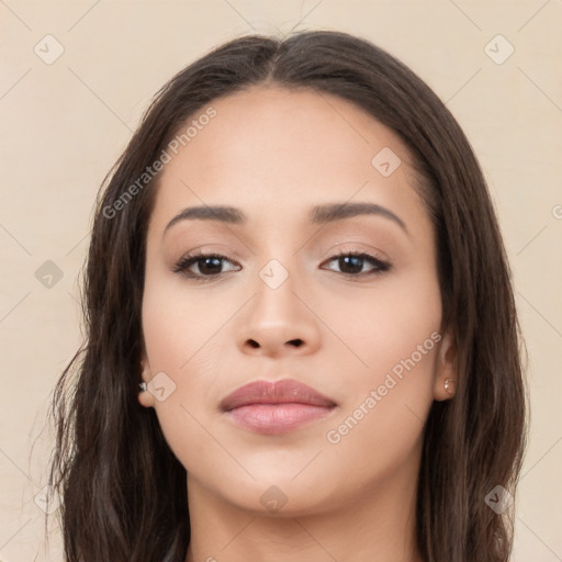 Neutral white young-adult female with long  brown hair and brown eyes