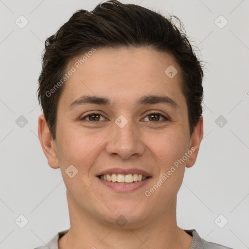 Joyful white young-adult female with short  brown hair and brown eyes