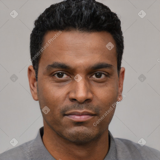 Neutral latino young-adult male with short  black hair and brown eyes