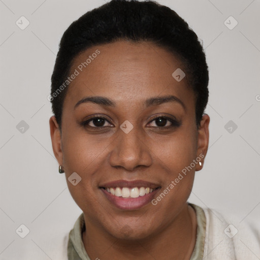 Joyful latino young-adult female with short  black hair and brown eyes