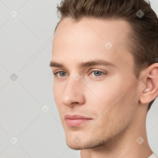 Neutral white young-adult male with short  brown hair and grey eyes