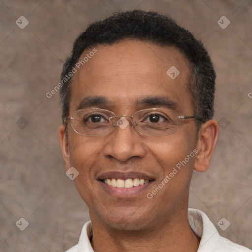 Joyful black adult male with short  black hair and brown eyes