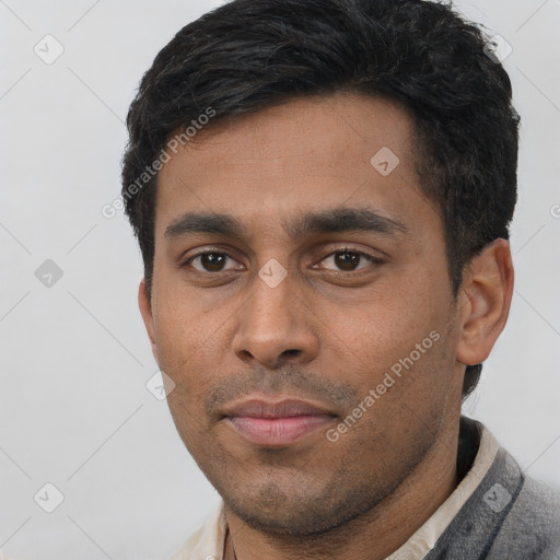 Neutral latino young-adult male with short  black hair and brown eyes