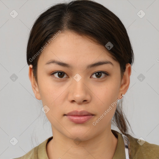 Neutral white young-adult female with medium  brown hair and brown eyes