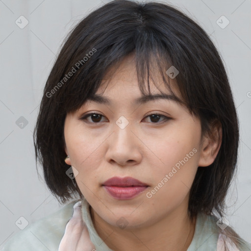 Neutral white young-adult female with medium  brown hair and brown eyes