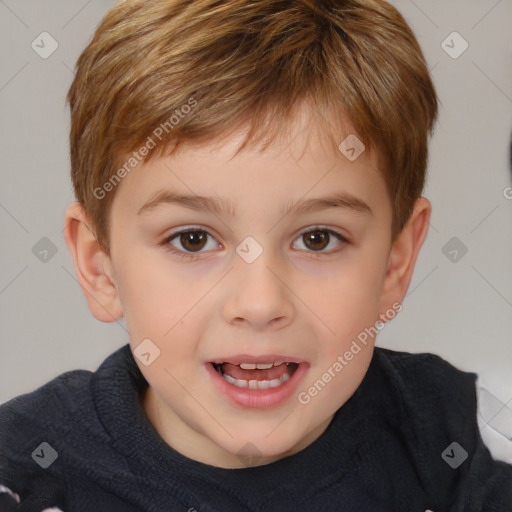 Joyful white child male with short  brown hair and brown eyes