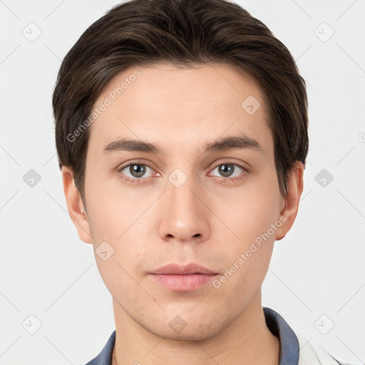 Neutral white young-adult male with short  brown hair and brown eyes