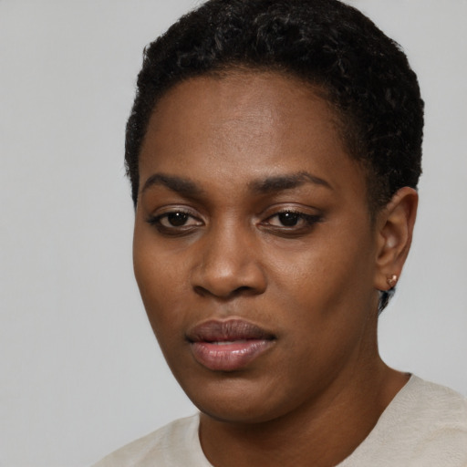 Neutral black young-adult female with short  black hair and brown eyes