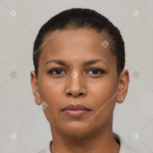 Neutral black young-adult female with short  brown hair and brown eyes