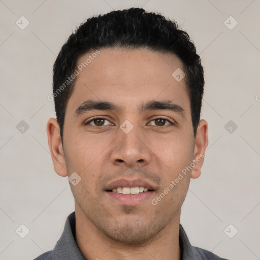 Neutral white young-adult male with short  black hair and brown eyes
