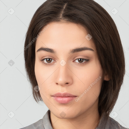 Neutral white young-adult female with medium  brown hair and brown eyes